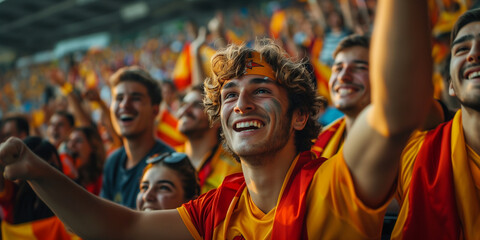 Excited joyful Spanish sports fans cheering at the stadium, vibrant crowd during an afternoon match, emotional support for their team. Spain