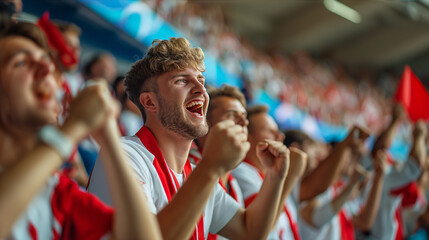 Excited joyful English sports fans cheering at the stadium, vibrant crowd during an afternoon match, emotional support for their team from the country of Great Britain