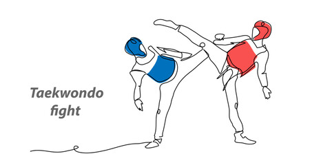 Taekwondo vector background, banner, poster. One continuous line art drawing illustration of taekwondo sport