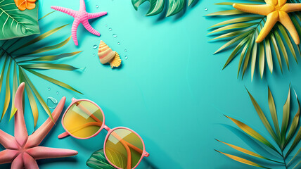 Sunny tropical summer banner with 3d elements on blue background 02