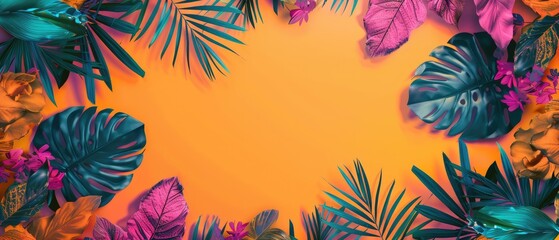 vibrant tropical border plants and leaves on orange background with copyspace
