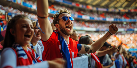 Excited joyful English sports fans cheering at the stadium, vibrant crowd during an afternoon match, emotional support for their team from the country of Great Britain