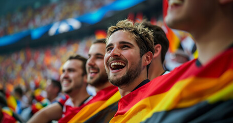 Fototapeta premium Excited joyful German sports fans cheering at the stadium, vibrant crowd during an afternoon match, emotional support for their team. Germany