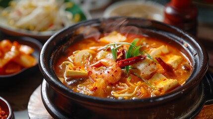 Sundubu jjigae, spicy soft tofu stew with seafood, served in a clay pot with a cozy Korean restaurant setting
