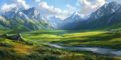 Rocky mountain landscape view with flowering meadows in spring.