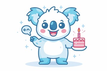 Whimsical koala exudes joy, holding a birthday cake in flat color line style reminiscent of storybook characters