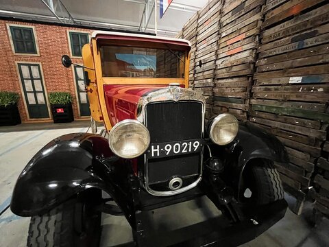 Lisse, Netherlands. May 6, 2024. An old truck on display at a tulup farm near Lisse.