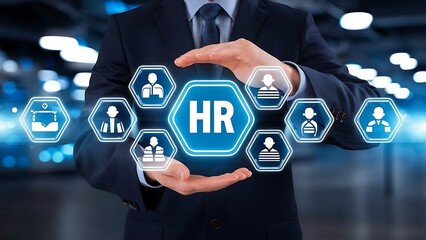 HR, Human Resources management concept.Businessman hold virtual human resources icon for recruitment process to work efficiently and achieve sustainable business success. team building.