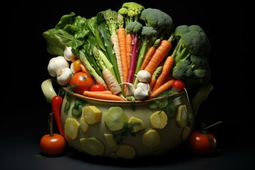 Assortment of colorful, fresh vegetables arranged neatly in a cooking pot