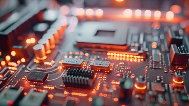This Detailed close-up view of a computer motherboard with various components and circuits visible.