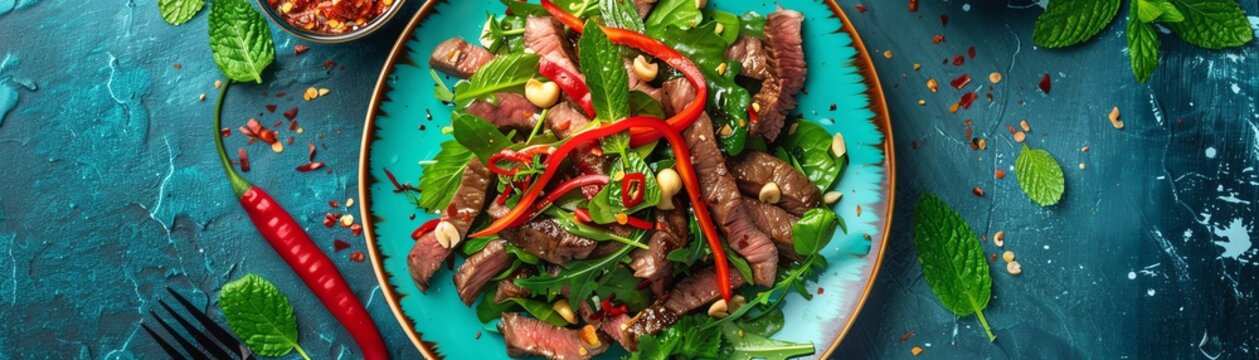 Thai beef salad Yam Neua with fresh herbs and spicy dressing, served on a colorful plate with a lively Thai market setting
