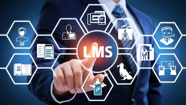 Businessman using a computer to LMS - Learning Management System web icon for lesson and online education, course, application, study, e learning, knowledge everywhere and every time.