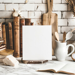 mockup of blank card on a cozy background with cookbooks and vintage kitchen appliances next to it, farmhouse, cottagecore
