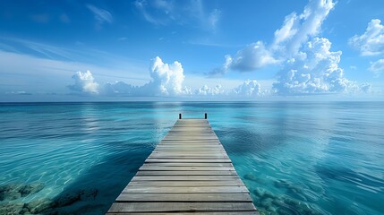 A wooden pier extends into a calm, turquoise sea under a bright blue sky dotted with fluffy white clouds. - Powered by Adobe
