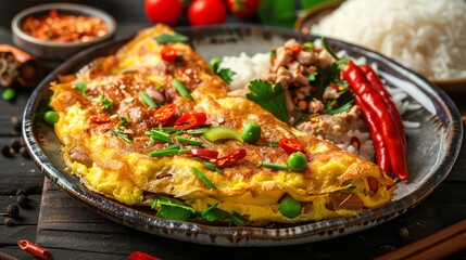 Thai stuffed omelette Khai Yat Sai with pork and vegetables, served on a ceramic plate with jasmine rice and a busy street food background