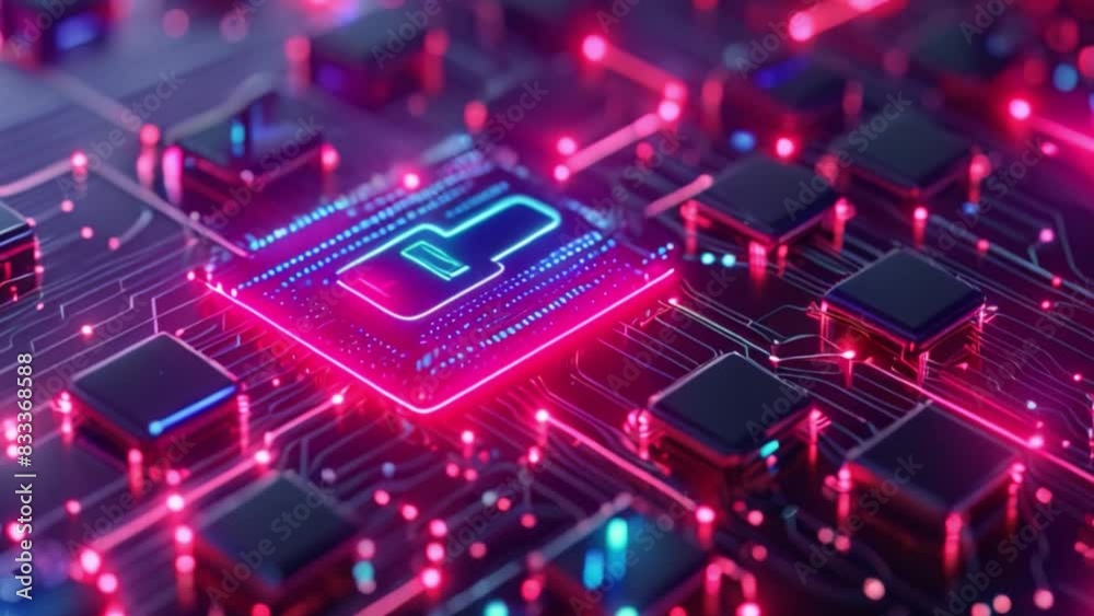 Poster This Detailed view of a computer chip illuminated by red and blue lights.