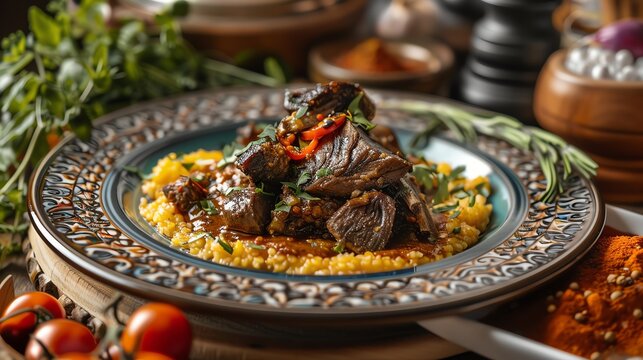 Turkish hunkar begendi with creamy eggplant puree and lamb stew, served on a traditional Turkish plate with a vibrant Istanbul market scene