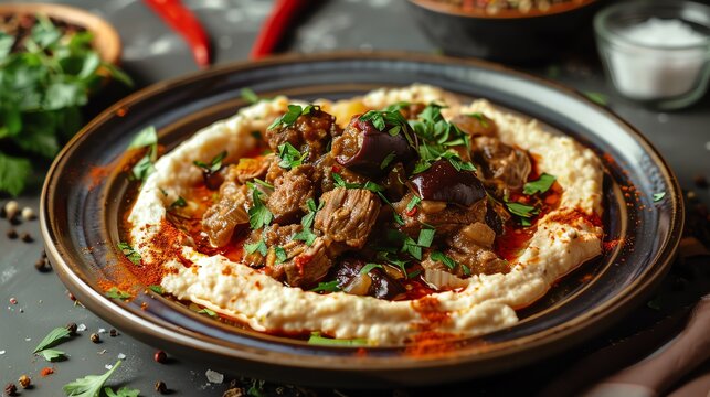 Turkish hunkar begendi with creamy eggplant puree and lamb stew, served on a traditional Turkish plate with a vibrant Istanbul market scene