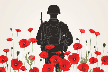 Red poppies encircle an elegant silhouette of soldier's gear for a Memorial Day vector design.