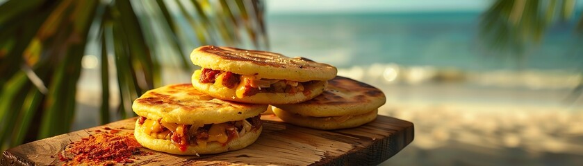 Venezuelan arepas, cornmeal cakes filled with cheese and meat, served on a wooden board with a tropical beach setting