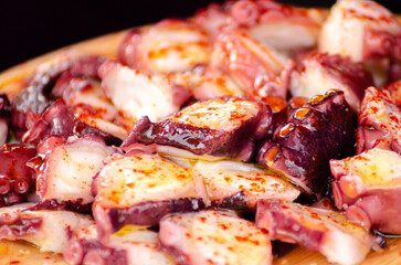 Portion of boiled octopus, prepared in the traditional Pulpo a feira style. Galicia, Spain