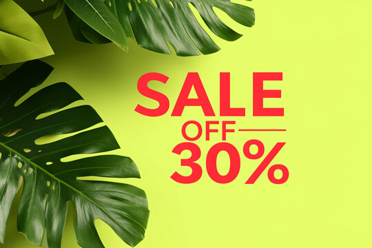 sale banner featuring prominent red text that says "SALE OFF 30%" surrounded by lush tropical leaves on a vivid yellow background