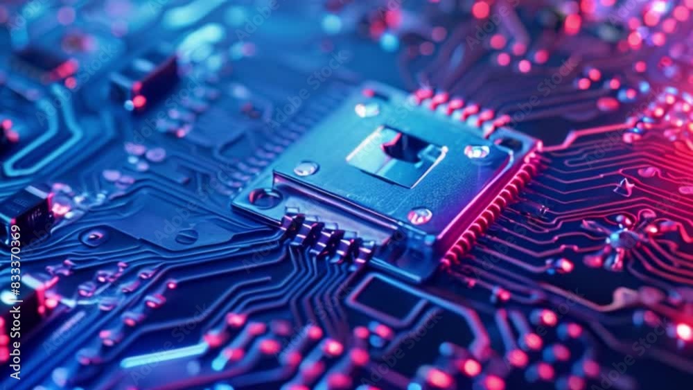 Poster This Detailed close up of a computer chip showing intricate circuits and components.