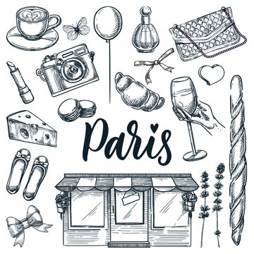 Paris symbols and design elements isolated on white background. Vector hand drawn sketch illustrations and calligraphy lettering. French fashion and food doodle icons set