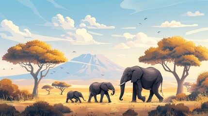A charming illustration of a family of elephants, including a baby elephant, walking together in a savanna landscape.