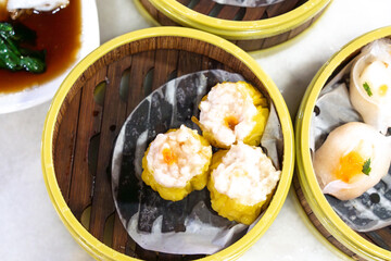 Cantonese Chinese Dim sum Food Menu with Dumplings of Shrimp and Pork