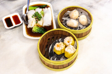 Cantonese Chinese Dim sum Food Menu with Dumplings of Shrimp and Pork