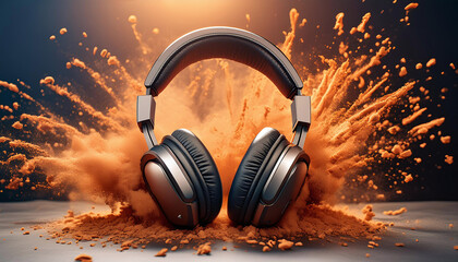 Stylish headphones and bright orange powder. Creative music, festival and holiday concept. Generative ai