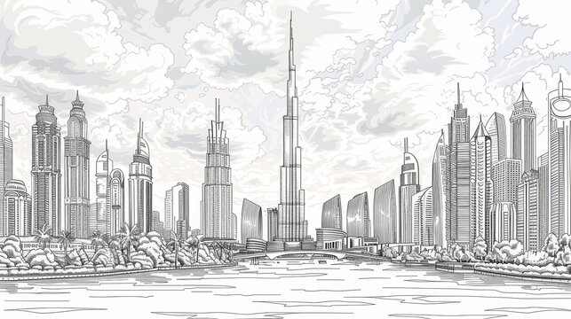 A coloring book page featuring the skyline of Dubai, United Arab Emirates, with towering skyscrapers and the Burj Khalifa.