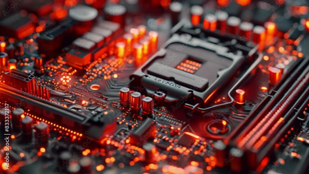 Poster This Detailed view of a computer motherboard illuminated by red lights.