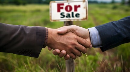 lose up photo of two business mens shaking hands, with a land for sale sign in the background
