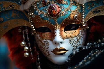 Close-up of an ornate venetian mask adorned with jewels and feathers at the venice carnival