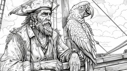 Fototapeta premium A detailed coloring page of a pirate captain with a wooden leg and a parrot on his shoulder, standing on the deck of his ship.