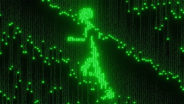 matrix light green text rain falling animation with running man background movie. Screen infected by a computer virus scene as 3d modeling.