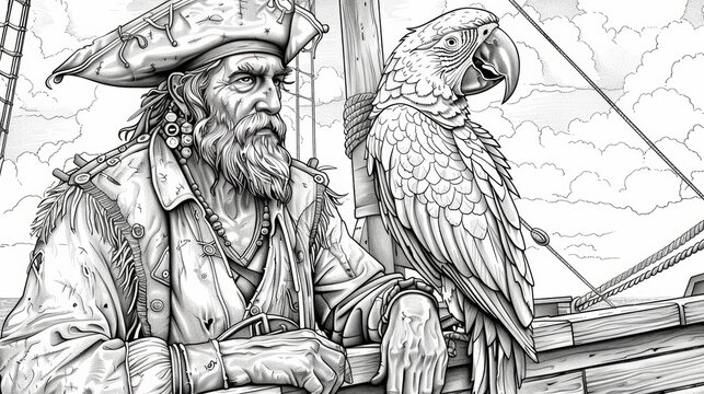 A detailed coloring page of a pirate captain with a wooden leg and a parrot on his shoulder, standing on the deck of his ship.