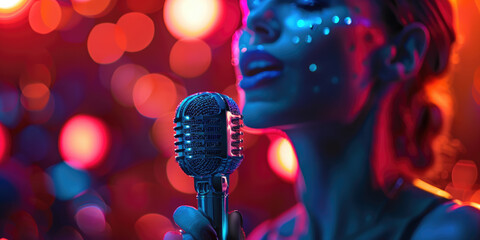 Elegant woman sings into a concert microphone Singer in front of a microphone