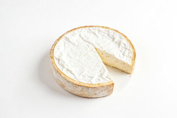 Camembert Cheese Wheel Cut on White Background