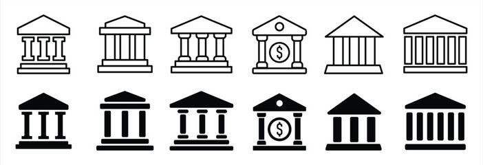 Bank icon set. Bank icon with different style. Banking icon for app and website. Government building. Transparent background. Bank icon sign and symbol. Vector illustration.