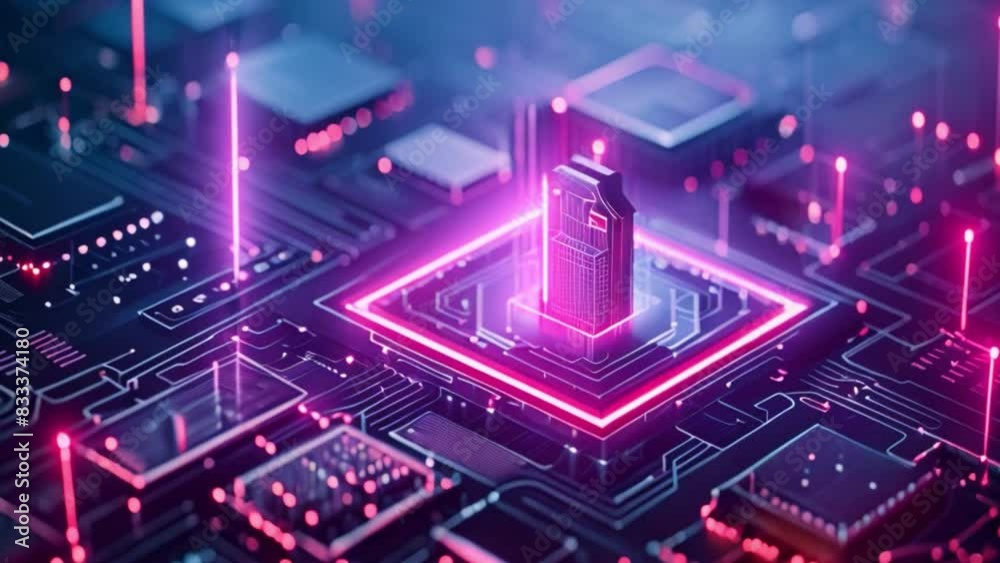 Poster This computer chip illuminated by a pink light on top. Pink Light Emitting From Computer Chip