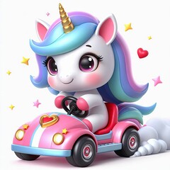 cute unicorn riding gocart cartoon , 3d Generative AI