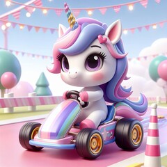 cute unicorn riding gocart cartoon , 3d Generative AI