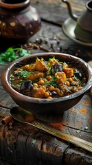 Baingan bharta, roasted eggplant curry, served in a rustic bowl with a vibrant Indian village scene