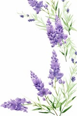 Naklejka premium lavender themed frame or border for photos and text.delicate purple flowers and green stems. watercolor illustration, Perfect for nursery art, simple clipart, single object, white color background. 