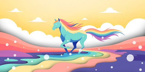 Abstract background. Paper cutting art concept and magic horse with rainbow mane and tail with dreamy Landscape. horse, rainbow, river, LGBTQ, fantasy, mythical, magical, colorful, illustration.