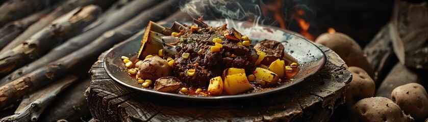 Bolivian charque de llama, dried llama meat with corn and potatoes, served on a rustic plate with an Andean mountain scene
