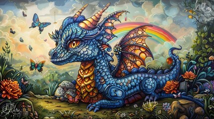 A whimsical dragon family picnicking in a meadow, with a rainbow in the sky and butterflies fluttering around, providing a delightful coloring scene.